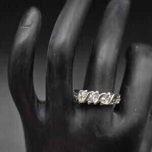 Cubic Zirconia Ring Heart Shaped Cut Out Band Silver Tone Size 8